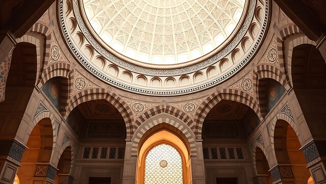 squinch. Islamic architectural interior with geometric patterns under a dome, soft ambient light. real-estate listings.