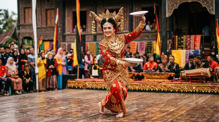 Naklejka premium Graceful female dancer performing traditional Tari Piring plate dance in red costume
