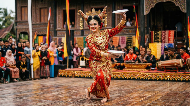 Graceful female dancer performing traditional Tari Piring plate dance in red costume