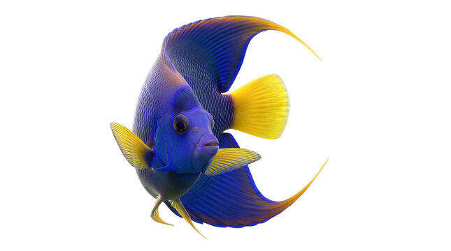 Vibrant queen angelfish swimming with striking blue and yellow fins, captured in detailed underwater photograph.