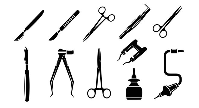 Medical tools and equipment for surgery are laid out on a table indoors.