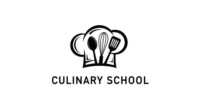 A culinary school logo features a chef's hat with utensils on a sign.
