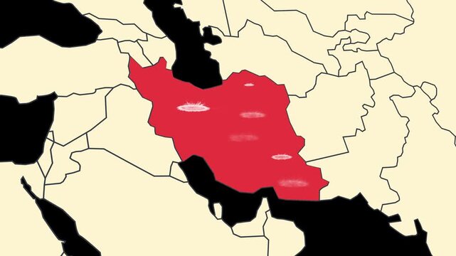 Iran map visualization with continuous explosions along borders representing direct attacks
