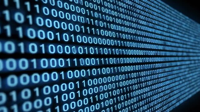 Digital binary code displayed on a screen with a blue glow, showcasing a continuous flow of ones and zeros in a visually engaging pattern