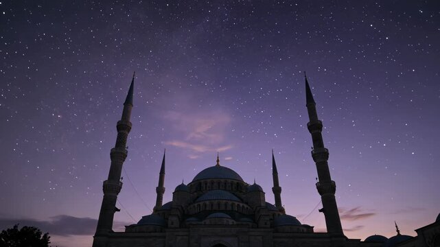 Majestic Mosque Silhouette under a Starry Night Sky. Seamless loooing 4k video background