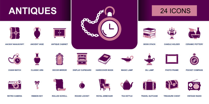 Antiques icon set. Containing ancient manuscript, pocket watch, ceramic pottery, oil lamp, retro camera, treasure chest, vintage radio and more. Solid vector icons collection for decor.