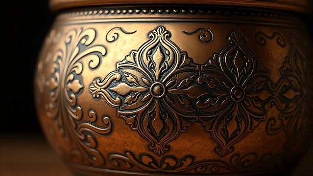 unstylish. Copper vessel with intricate Ottoman floral patterns, detailed metalwork close-up. event programs, museum guides, designed for cultural heritage projects and event programs.