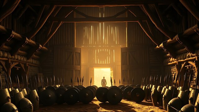 longhouse. A grand Viking longhouse with open oak doors and golden light on shields outside. real-estate listings, architecture portfolios, designed for interior renovation comparisons for interiors.