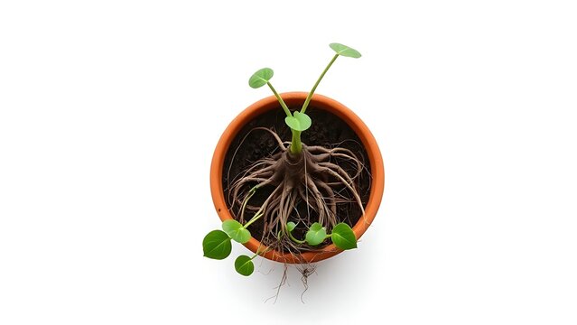 constriction. A root-bound plant in a terracotta pot, roots circling inside, top-down view. gardening catalogs, home-decor guides, designed for gardening and botanical catalogs.