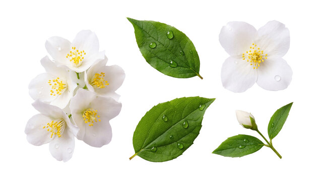 Close-up photograph of jasmine flowers, buds, and green leaves with water droplets, isolated on transparent background.