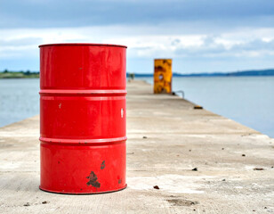 Naklejka premium A single, weathered red oil barrel sits isolated on an empty, grimy concrete dock.