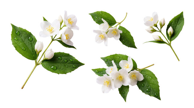 Collection of fresh jasmine sprigs with white flowers, green leaves, and buds, adorned with water droplets.