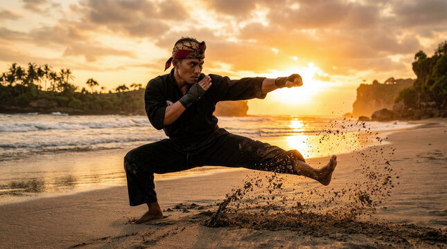 Dynamic Pencak Silat martial artist in combat stance on beach at sunset