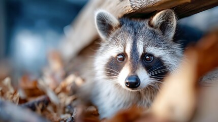 Obraz premium Curious raccoon peeking from behind rough tree bark