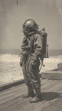 A diver stands on a wooden dock overlooking the ocean waves wearing a vintage diving suit and helmet.
