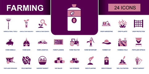 Farming icon set. Containing barn, beehive, corn cob, cow, egg basket, hay bale, honey jar, tractor, watering can, wheat stalk, livestock, farm equipment and more. Solid vector icons. © Mellisa