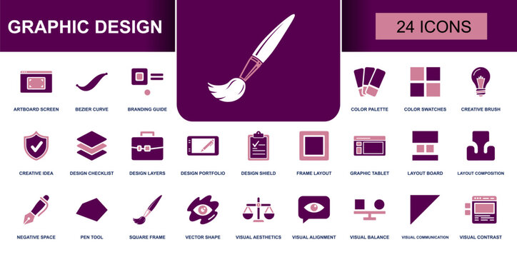 Graphic design icon set. Containing artboard screen, bezier curve, branding guide, color palette, design layers, pen tool, visual balance, vector shape and more. Solid vector icons.