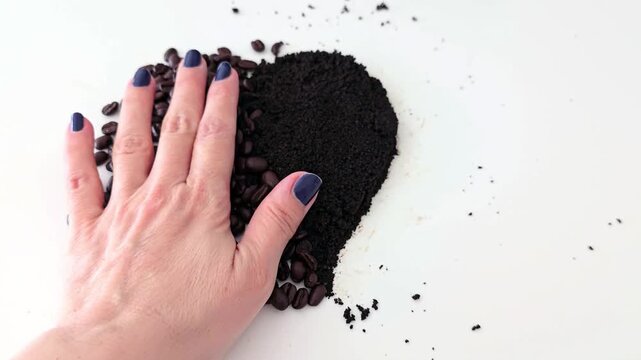 Heart shape made of roasted coffee beans and dark ground coffee on a white background