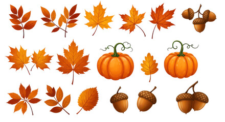 Naklejka premium Autumnal array vibrant leaves, pumpkins, and acorns in a festive display isolated on white background