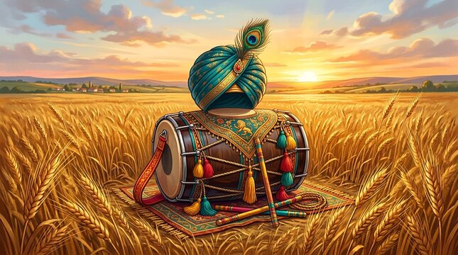 Realistic wallpaper for the baisakhi with a culturally significant elements on lush golden wheat field.