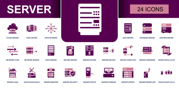 Server icon set. Containing cloud server, data center, database server, hosting server, rack server, server backup, server connection, server security, storage and more. Solid vector icons.