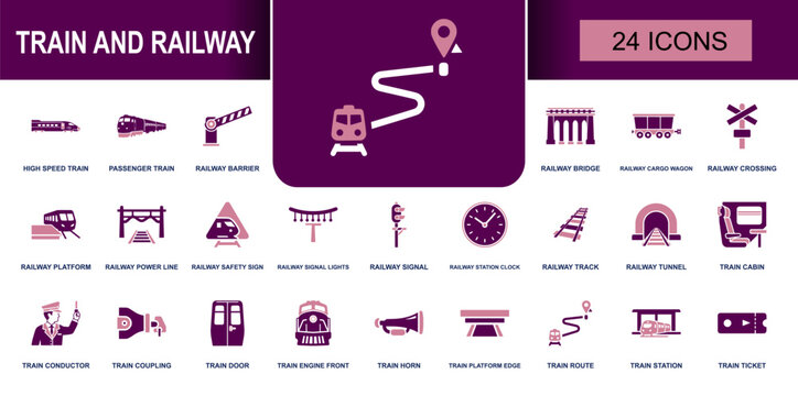 Train and railway icon set. Containing high speed train, railway barrier, crossing, station clock, railway track, train conductor, train horn, station, ticket and more. Solid vector icons.