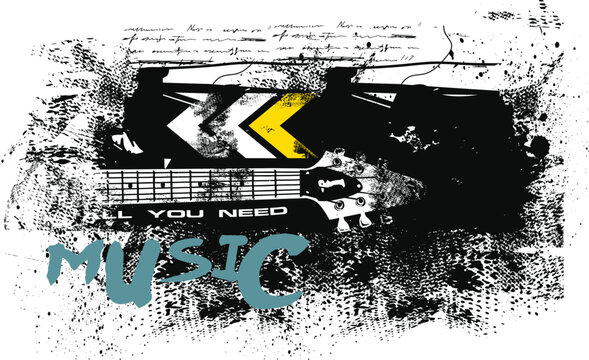 grunge illustration design, tees, Guitar silhouette illustration grunge texture, typography street art graffiti, guitar symbolic image graffiti style, street art graffiti vector for graphic tee t shir