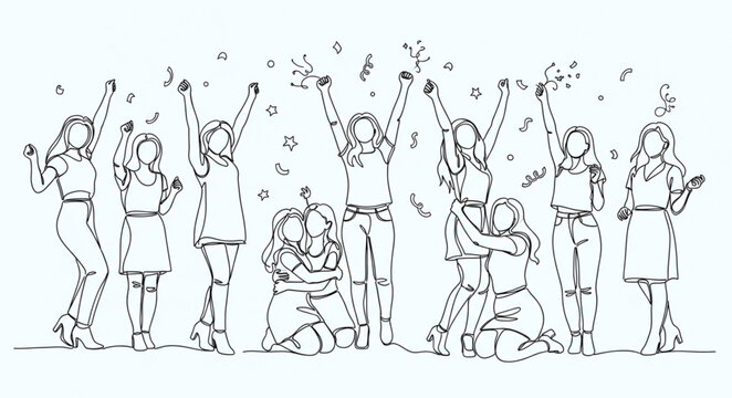 Line Art Celebration - Group of People Cheering with Confetti.