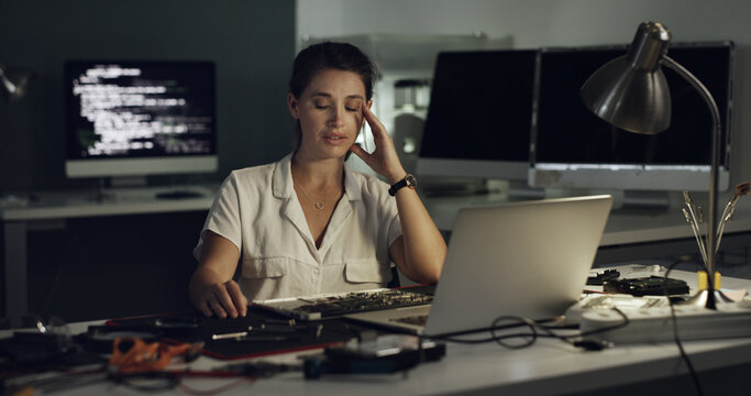 Stress, woman and programming with laptop at night for coding error, data loss and software crash. Frustrated, person and troubleshooting pc with broken tech, system overload and technical deadline
