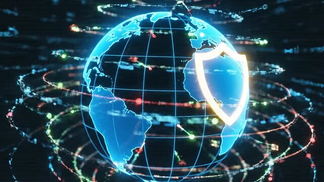 Digital globe with glowing shield icon rotates, showcasing interconnected data streams and vibrant light trails, emphasizing global security and protection in a modern technological environment
