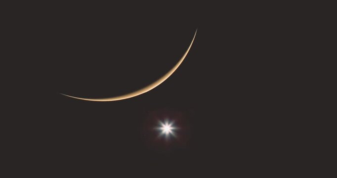 A stunning view showcases the crescent shape of Mars adorned with a bright star nearby. This celestial phenomenon occurs during the night from a vantage point on Earth.