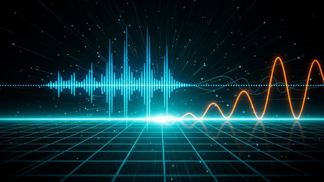 Sound wave and signal waveform patterns on a futuristic grid background with glowing lines and dots