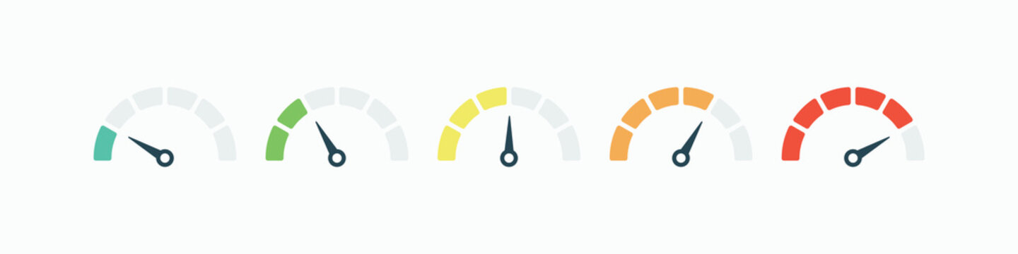 Five colorful gauges show progress from low to high. Each has a pointer and curved scale. Simple design fits modern interfaces. Ideal for dashboards or performance charts