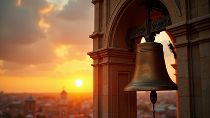 Obraz premium Cathedral bells swinging ringing tower sunset sky, Christian worship call, architectural detail close-up, bronze metal texture, spiritual tradition, dramatic golden hour 
