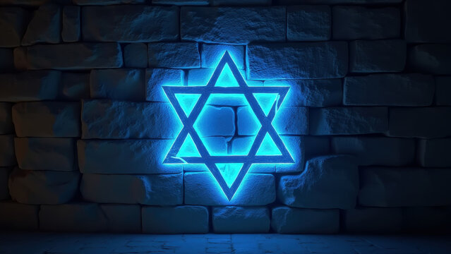 Star of David glowing blue light Jerusalem stone wall, Jewish religious symbol, spiritual heritage, dramatic evening lighting, ancient architecture texture