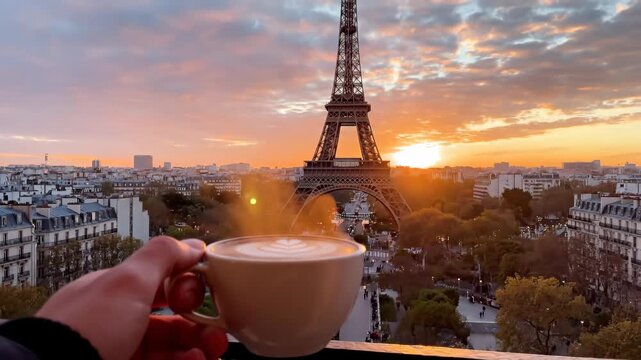Hand holding a steaming coffee cup with latte art on a balcony overlooking the Eiffel Tower at sunrise
