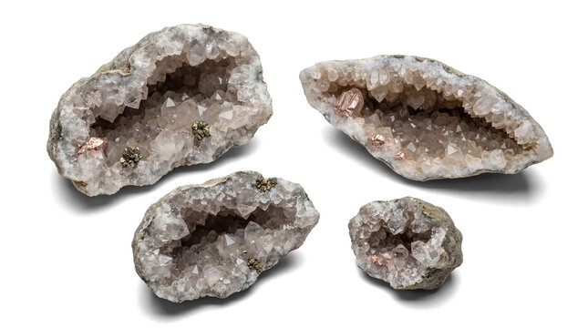 Photograph of four raw quartz geodes with sparkling internal crystal formations, isolated on a transparent background.
