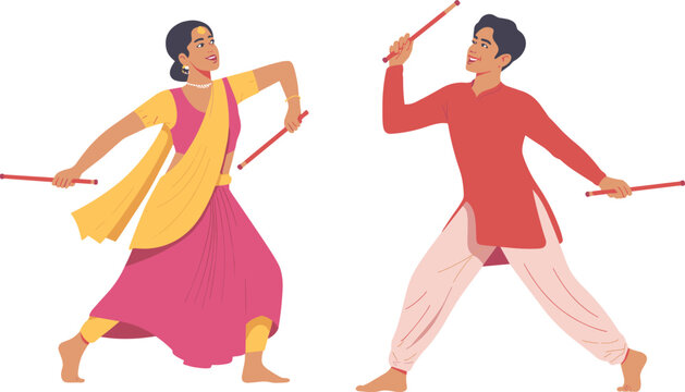 Indian Couple Performing Dandiya Raas Folk Dance With Sticks For Navratri Festival Celebration Vector Illustration Representing Traditional Culture