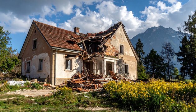 Ruined house with collapsed roof, broken walls, and mountain backdrop under cloudy sky