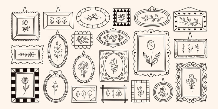 Set of various doodle picture frames with flowers, branches and leaves. Hand-drawn playful borders with ornate details. Vintage wall gallery line drawing. Vector graphic