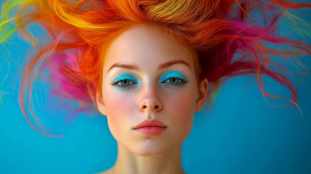 Woman with bright colorful hair and makeup falling asleep with her mouth open against a blue background