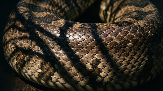 Coiled brown snake skin with dramatic shadows and scale texture