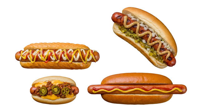 Delicious variety of hot dogs with diverse toppings in buns isolated on a transparent background.