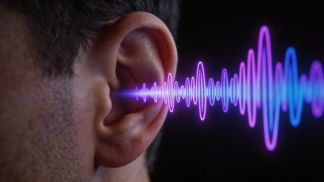 Menschliches Ohr mit leuchtenden digitalen Schallwellen, Konzept f&uuml;r Geh&ouml;r, Akustik und Tinnitus.