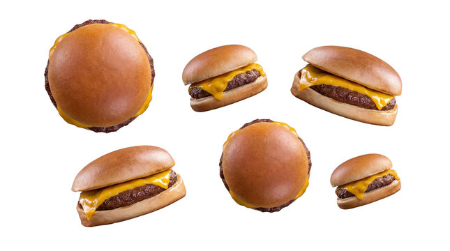 A delightful array of six cheeseburgers presented from multiple dynamic perspectives.