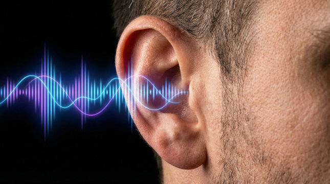 Gros plan d'une oreille d'homme avec une onde sonore lumineuse, concept d'audition, de technologie acoustique et de sant&eacute;