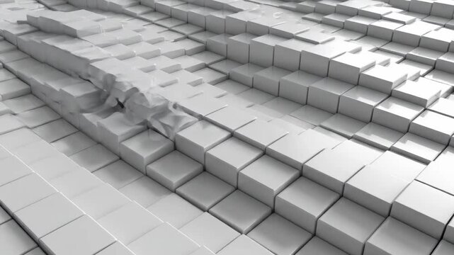 Abstract 3D White Cubes with Minimalist Geometric Blocks in a Wave Pattern for Corporate Backgrounds and Technology Presentations.
