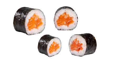 Four salmon maki sushi rolls, showing fresh orange fish and white rice, isolated on a transparent background. © Dale