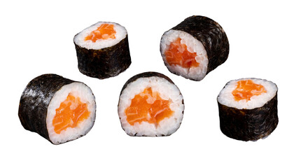 Five salmon maki sushi rolls, showing fresh orange fish and white rice, isolated on a transparent background. © Dale