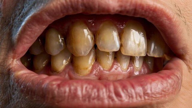 Close up of human teeth with heavy plaque buildup and discoloration, poor oral hygiene concept, dental health problem, tartar accumulation, dentistry and healthcare awareness background